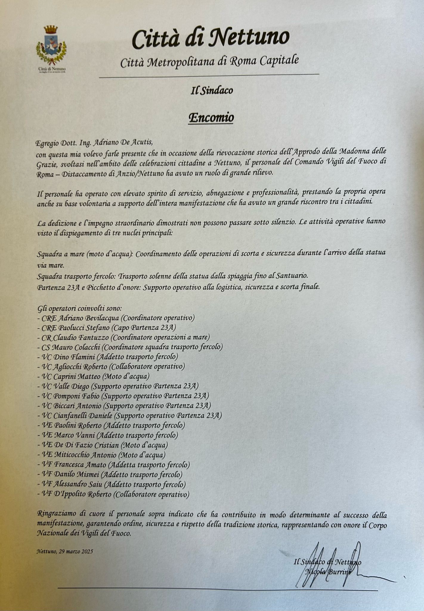 Encomio Vigili del Fuoco 