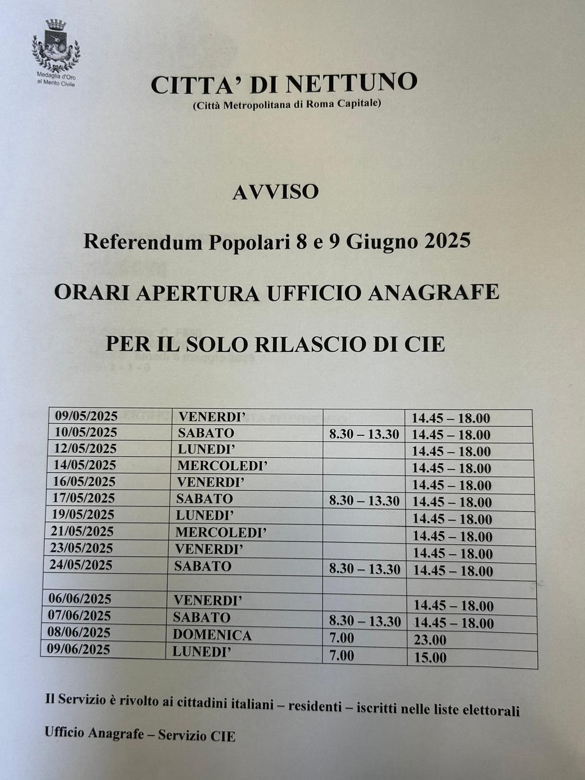 Aperture straordinarie ufficio anagrafe 
