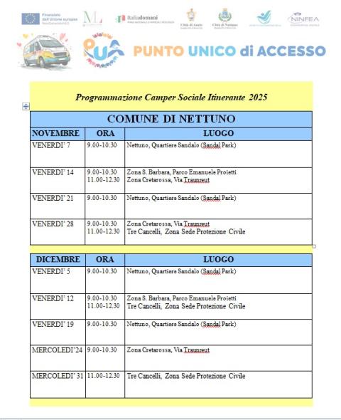 Punto unico di accesso, tutte le date del camper a Nettuno